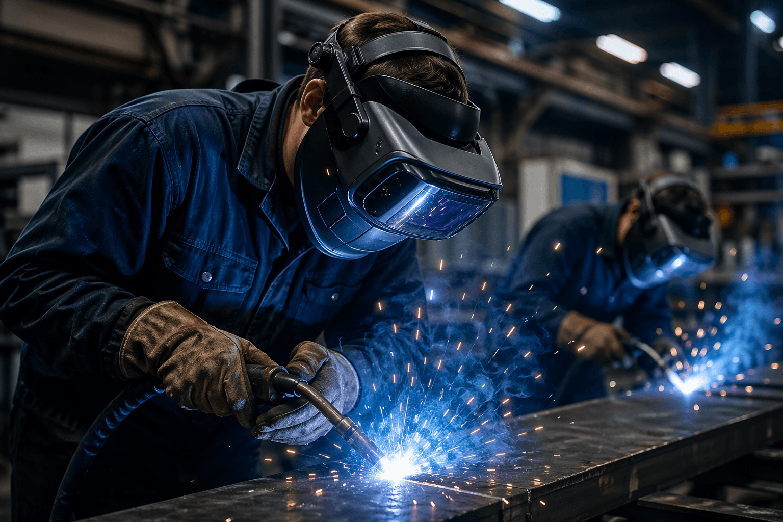 Welder wearing a VR-assisted welding helmet, sparks flying from the arc